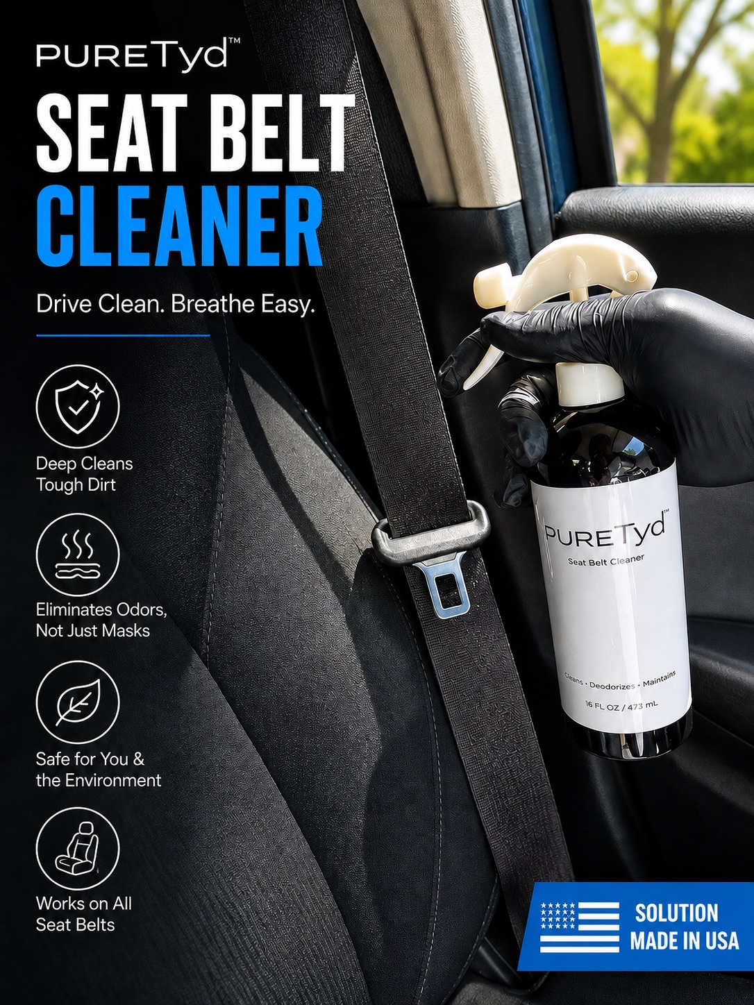 PURETyd seat belt cleaner being used on a car seat belt with product details displayed.