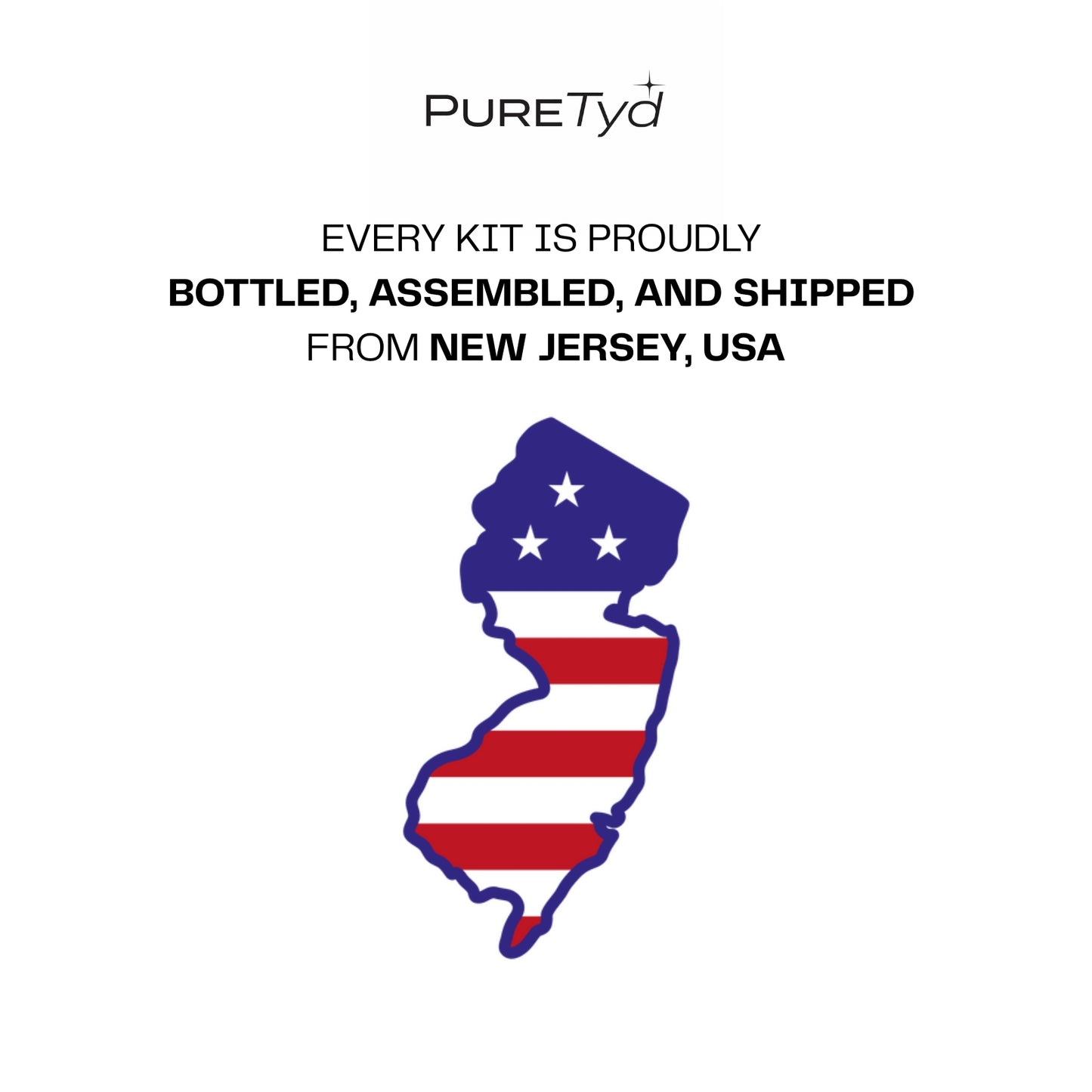 Map of New Jersey with American flag colors and 'PURETYD' branding text on a white background