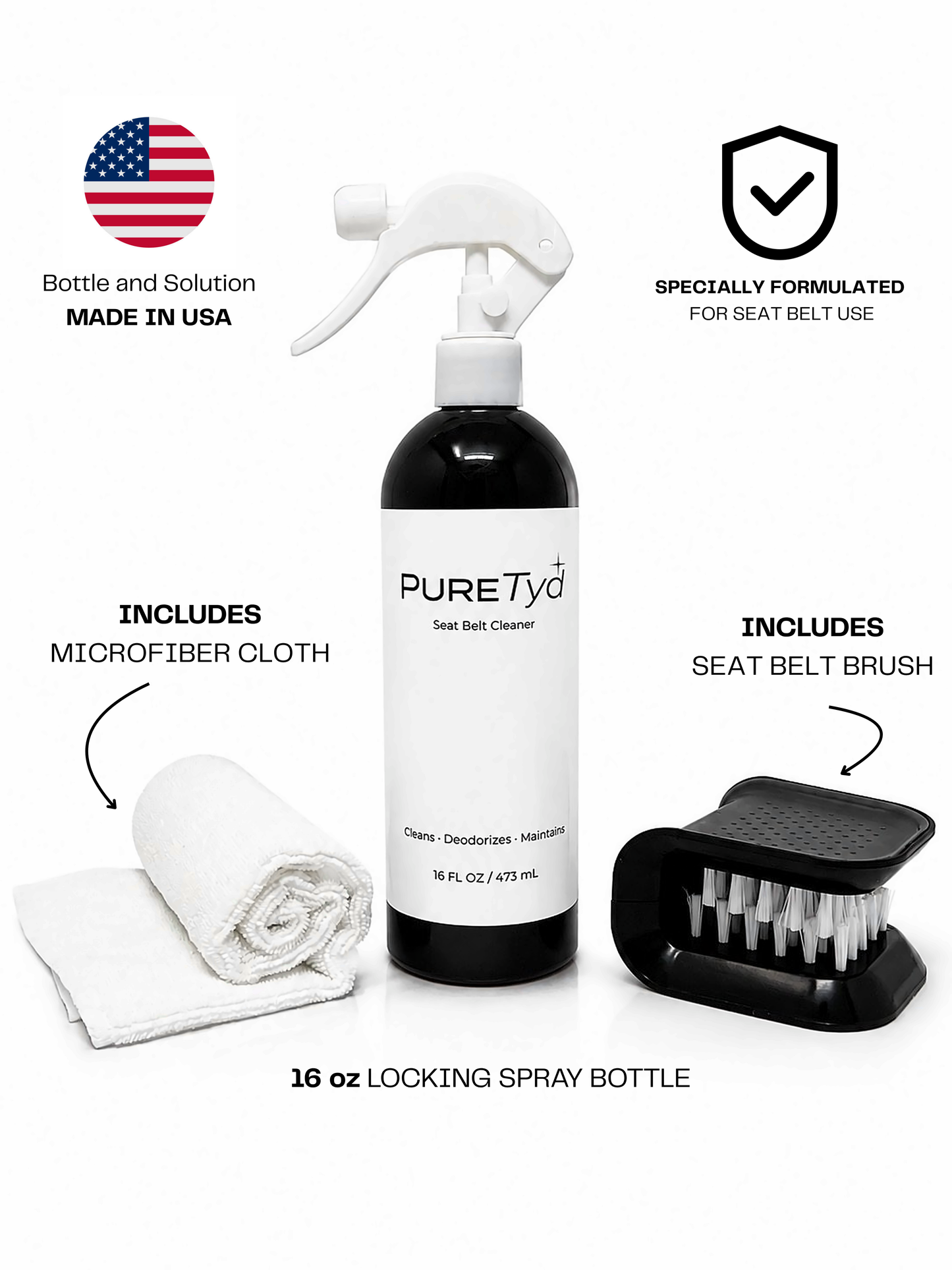 PURETyd seat belt cleaning kit with bottle, brush, and cloth on a white background