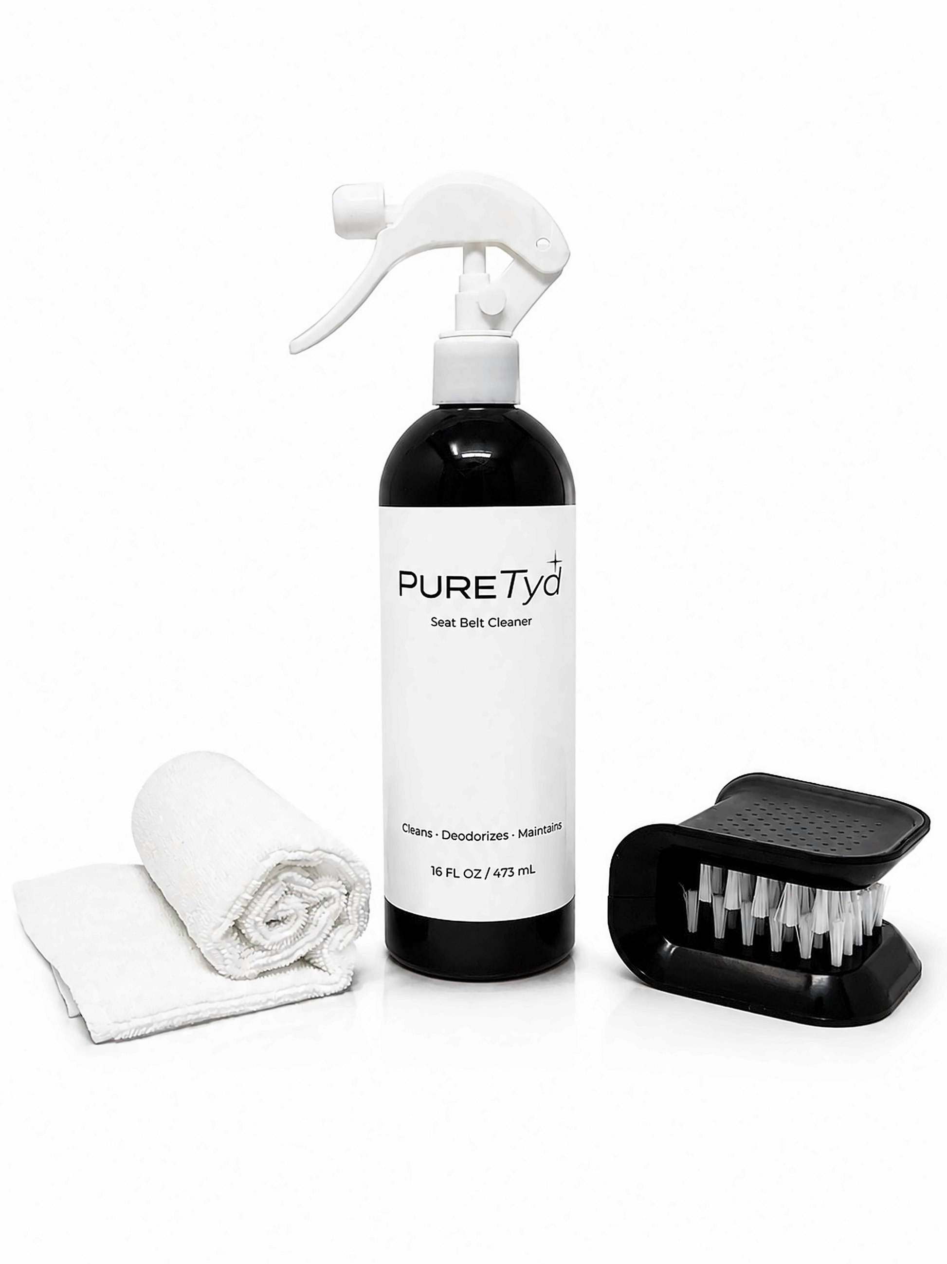 PURETYD shoe cleaning kit with spray bottle, brush, and towel on a white background